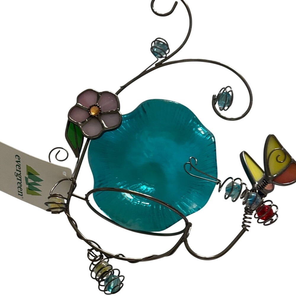Evergreen Stained Glass Metal Hanging Bird Feeder Butterfly Flower 2BF7119 NEW